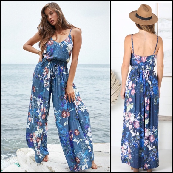 Jaase Pants - Jaase Blue Floral Jumpsuit Pants Suit Romper Jumper